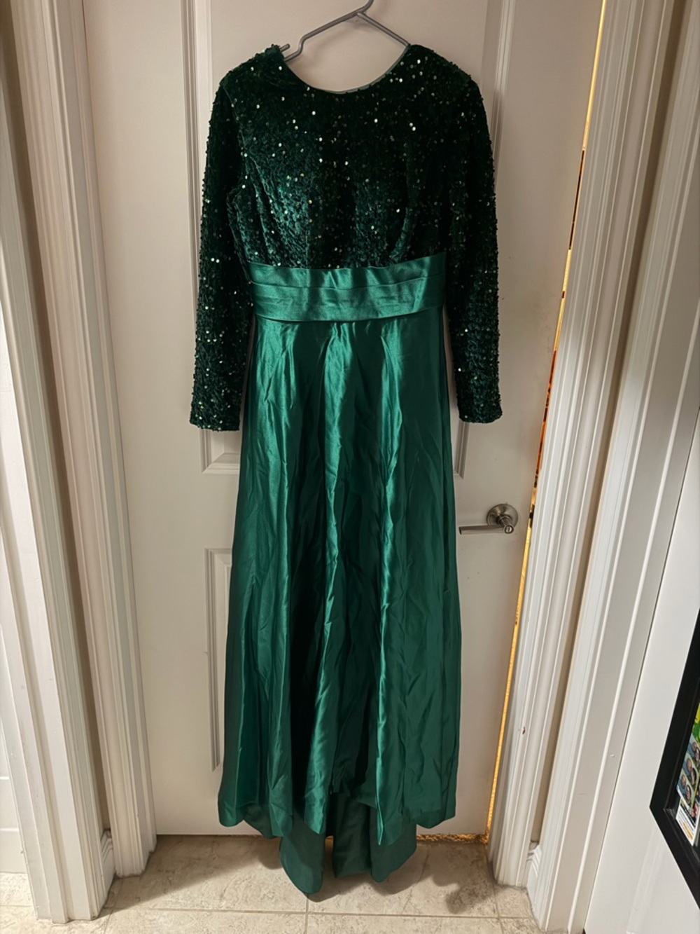 Emerald Green Long Sleeve Sequin & Satin Evening Dress